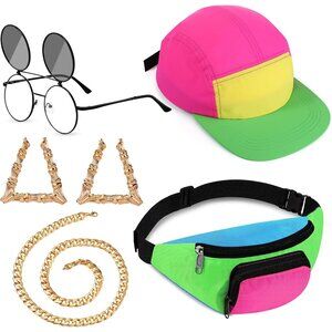 80s 90s Accessories Set Neon Fanny Pack Hat Sunglasses Gold Chain Earrings Youth